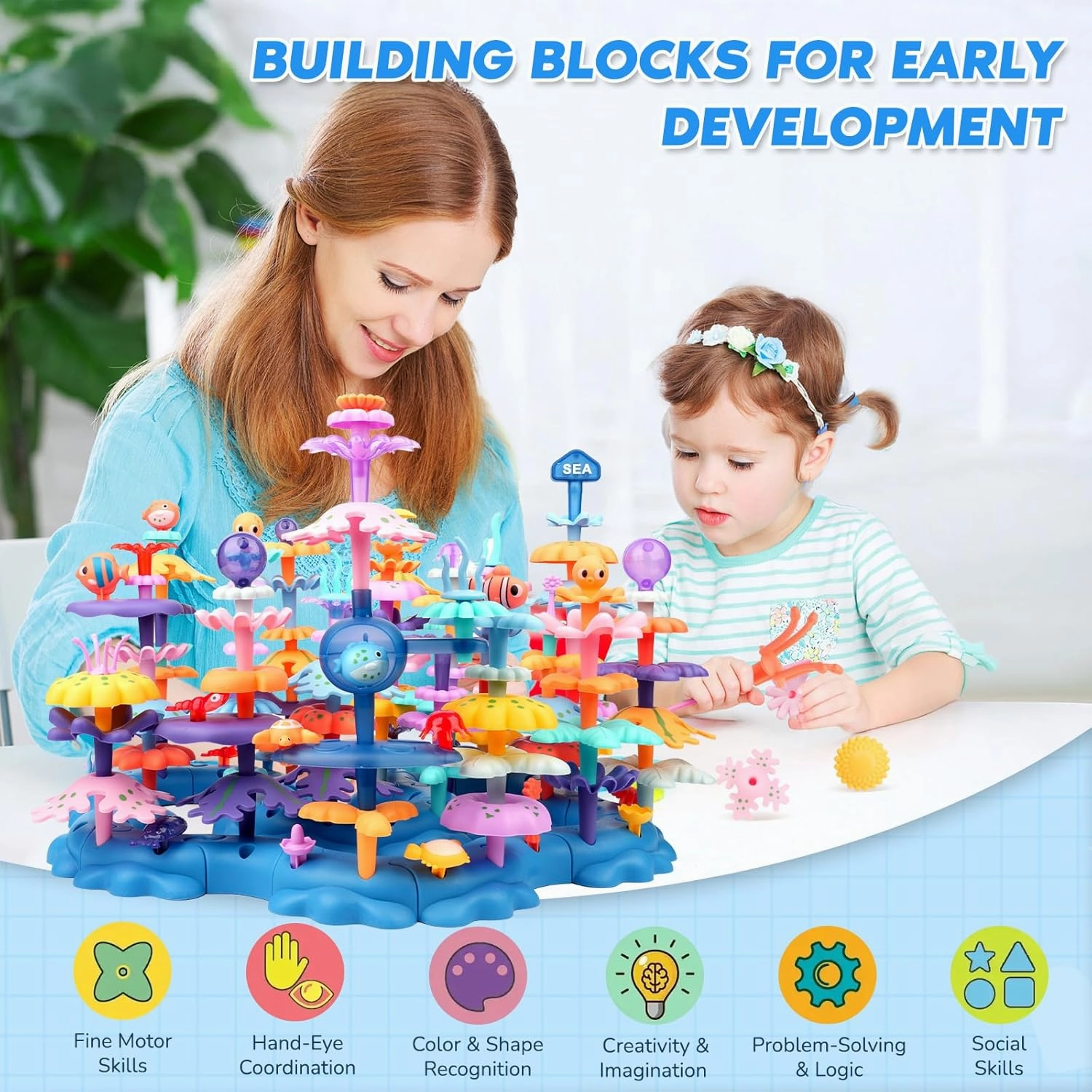 INKLAB Birthday Gifts for 3 4 5 6 7 Years Old Toddlers Girls Boys - 136PCS Marine Life Building Stacking Toys with Carry Box | STEM Preschool Educational Pretend Play | Learning Toys for Kids Age 3 
