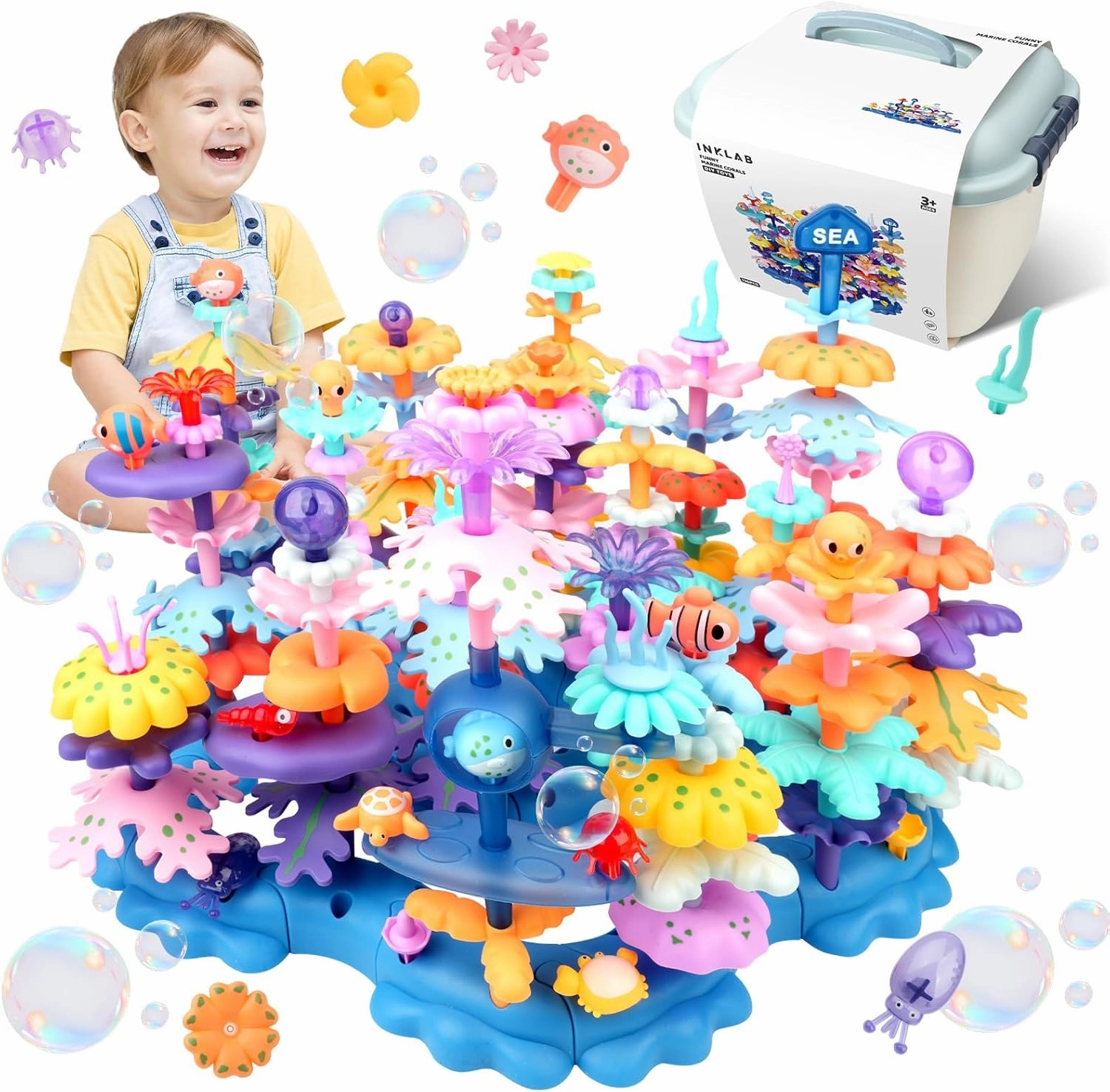 INKLAB Birthday Gifts for 3 4 5 6 7 Years Old Toddlers Girls Boys - 136PCS Marine Life Building Stacking Toys with Carry Box | STEM Preschool Educational Pretend Play | Learning Toys for Kids Age 3 