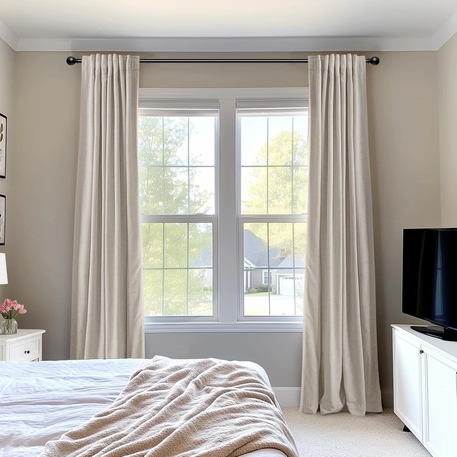 INOVADAY 100% Blackout Curtains for Bedroom, Black Out Curtains 84 Inch Long, Clip Rings Linen Blackout Drapes, Thermal Insulated Room Darkening for Living Room, 2 Panels - Beige,W50xL84