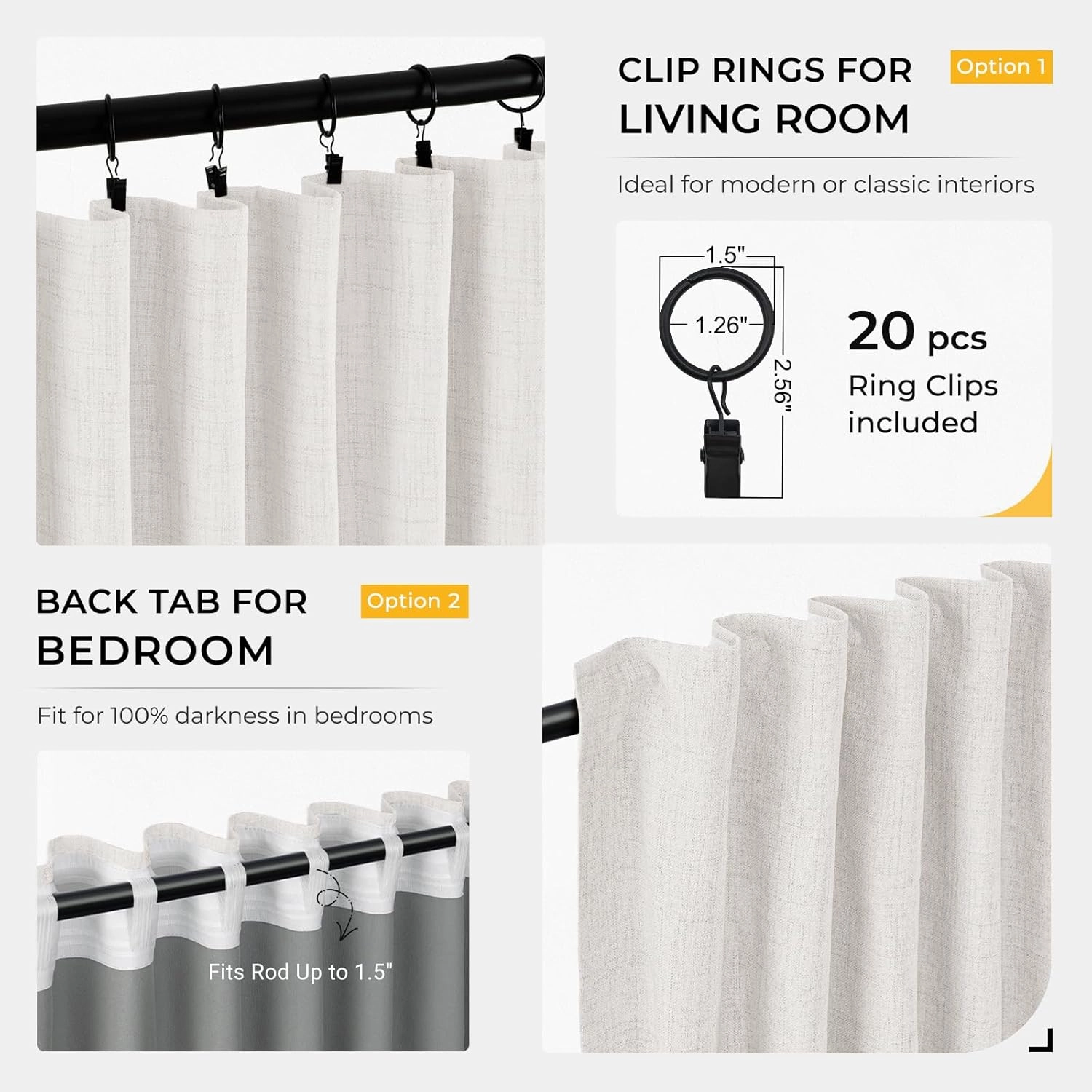 INOVADAY 100% Blackout Curtains for Bedroom, Black Out Curtains 84 Inch Long, Clip Rings Linen Blackout Drapes, Thermal Insulated Room Darkening for Living Room, 2 Panels - Beige,W50xL84