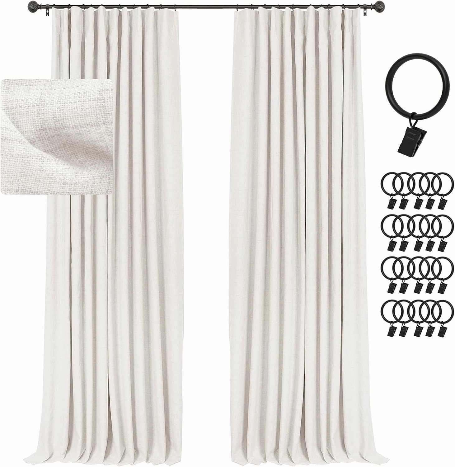 INOVADAY 100% Blackout Curtains for Bedroom, Black Out Curtains 84 Inch Long, Clip Rings Linen Blackout Drapes, Thermal Insulated Room Darkening for Living Room, 2 Panels - Beige,W50xL84