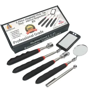 Inspection Mirror and Magnet KIT with Magnetic Pick-Up Tools. 5 Piece Set. Lighted Inspection Mirror and Lighted Magnetic Pick-Up Tool.