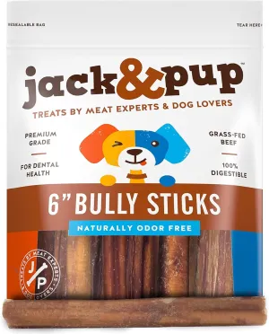 Jack&Pup 6-inch Bully Sticks for Medium Dogs (25 Pack) All Natural Beef Pizzle, Long Lasting Dog Chew, Odor Free
