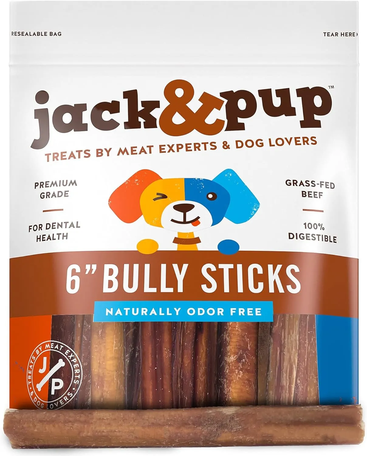 Jack&Pup 6-inch Bully Sticks for Medium Dogs (25 Pack) All Natural Beef Pizzle, Long Lasting Dog Chew, Odor Free