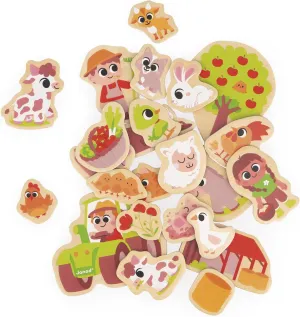 Janod - 24 Wooden Magnets - Farm Theme - Farm Animals - Wooden Toy - Ideal for a Board or Fridge - Magnetic Educational Game, for Handling, Experimenting and Having Fun - from 2 Years Old, J09639