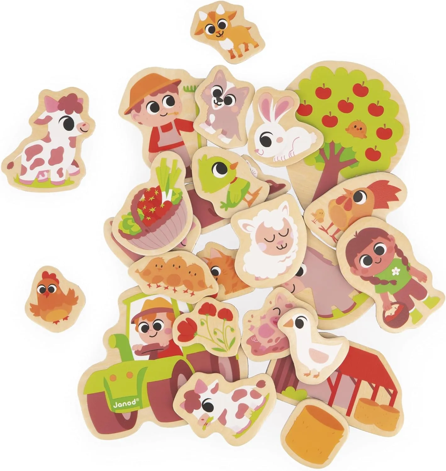 Janod - 24 Wooden Magnets - Farm Theme - Farm Animals - Wooden Toy - Ideal for a Board or Fridge - Magnetic Educational Game, for Handling, Experimenting and Having Fun - from 2 Years Old, J09639