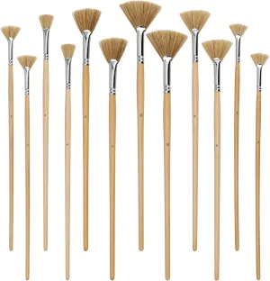 JEUIHAU 12 Pack Fan Brush Set, Bristles Fan Paint Brushes, Hog Bristle Stiff Fan Brush Set, Fan Artist Paint Brush with Long Wooden Handle for Acrylic Watercolor Oil Painting