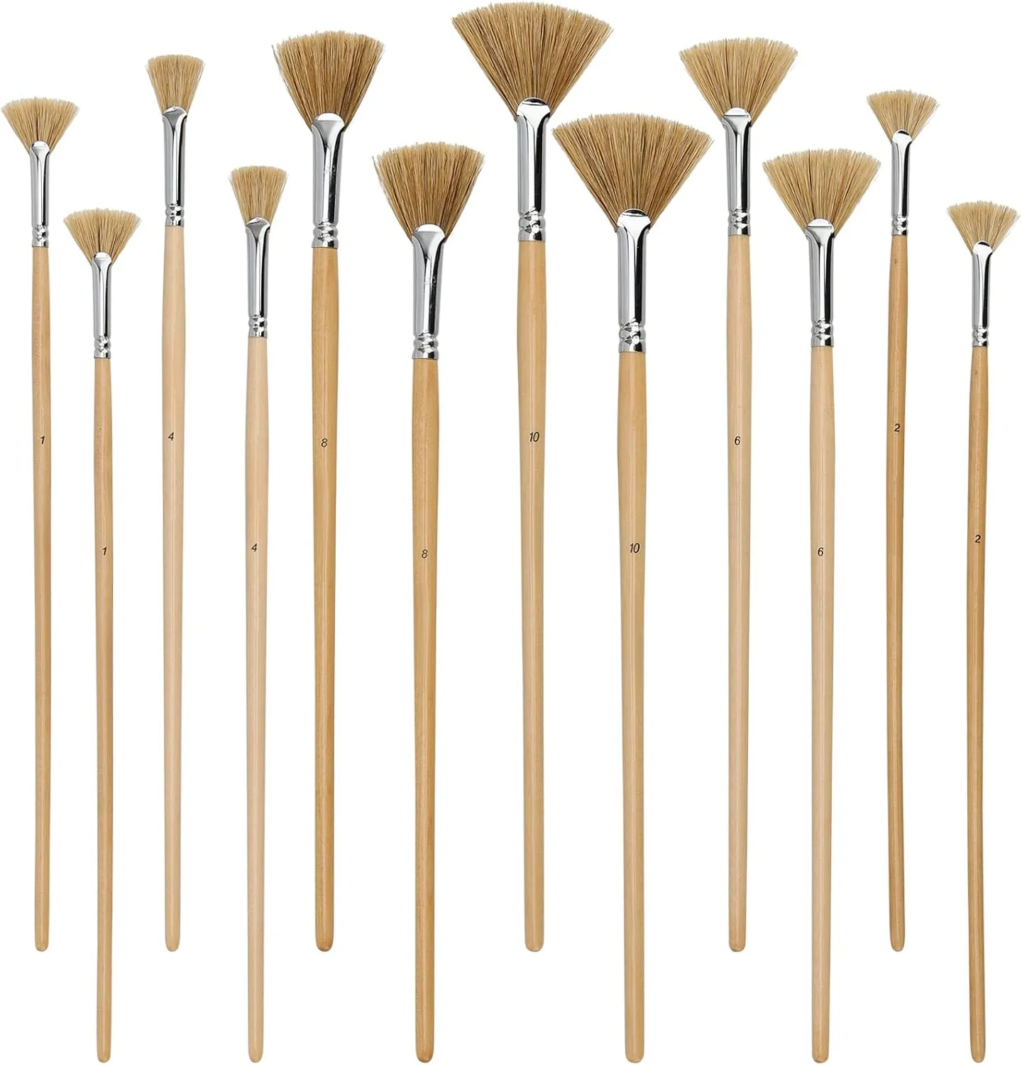 JEUIHAU 12 Pack Fan Brush Set, Bristles Fan Paint Brushes, Hog Bristle Stiff Fan Brush Set, Fan Artist Paint Brush with Long Wooden Handle for Acrylic Watercolor Oil Painting