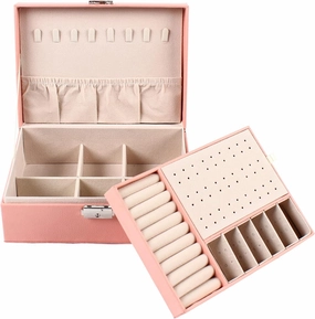 Jewelry Box for Women Solid Color 2 layer Jewelry Organizer with Lock Removable Tray Elegant Jewelry Organizer Box for Storage Earrings Necklaces Rings Bracelets Watches (pink)