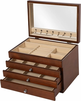 Jewelry Box,Wooden Jewelry Organizer Box 3 Layer Jewelry Display Case Storage with Mirror for Jewelries,Watches,Earrings,Rings,Necklaces,Bracelets Men Women Gift(Brown)
