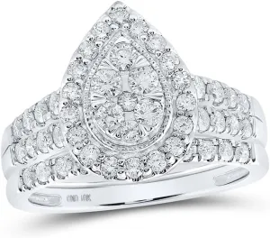 Jewels By Lux 10K White Or Yellow Gold Round Diamond Teardrop Bridal Wedding Ring Band Set, Womens Size: 5-10