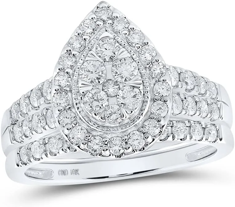 Jewels By Lux 10K White Or Yellow Gold Round Diamond Teardrop Bridal Wedding Ring Band Set, Womens Size: 5-10