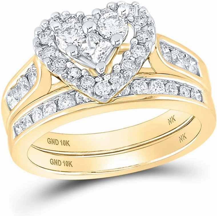 Jewels By Lux 10K White Or Yellow Gold Princess Diamond Heart Bridal Wedding Ring Band Set, Womens Size: 5-10