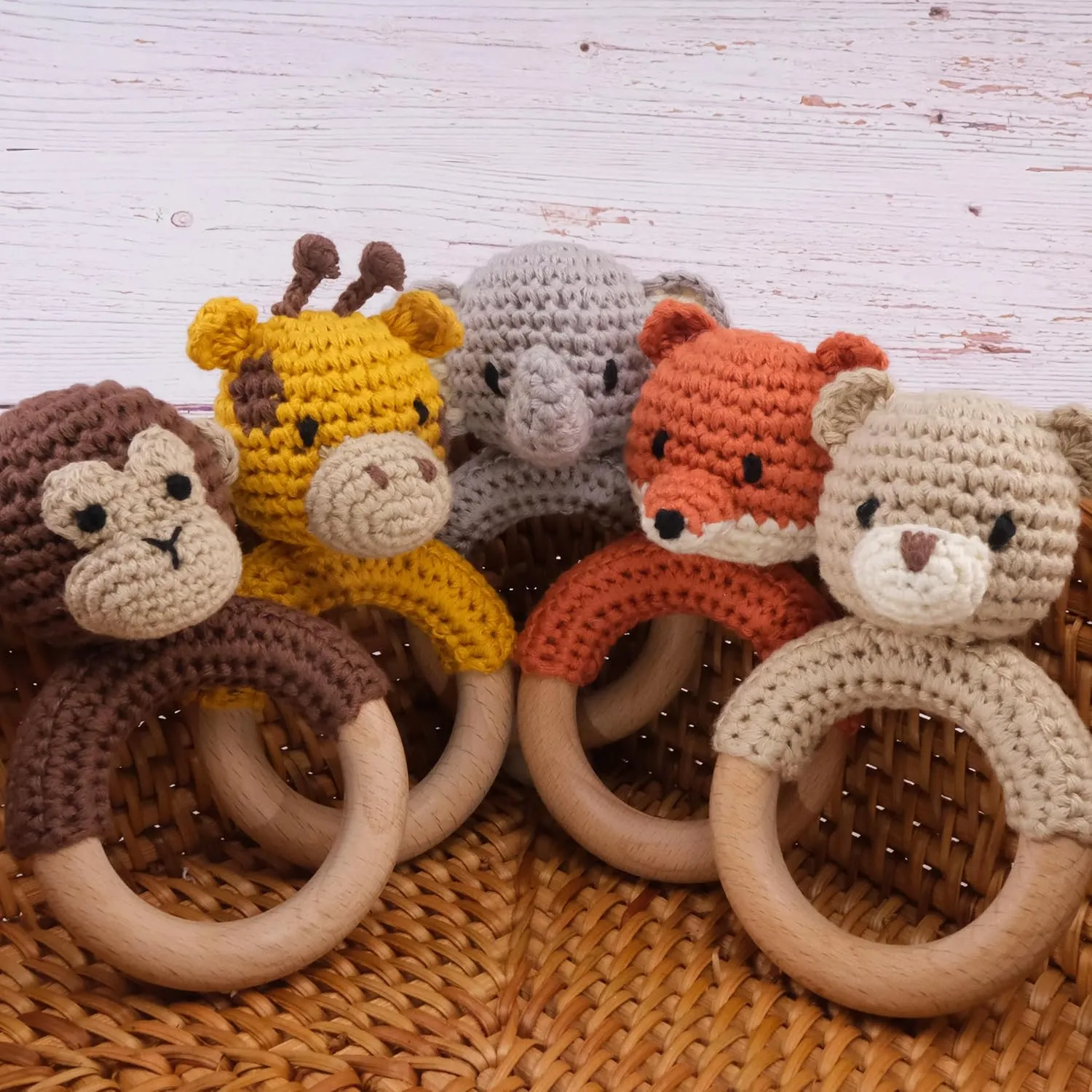 Joliecraft Safari Animals Wooden Baby Rattle Toys Stuffed Crochet Rattle with Teether Ring for Newborn, Orange Fox