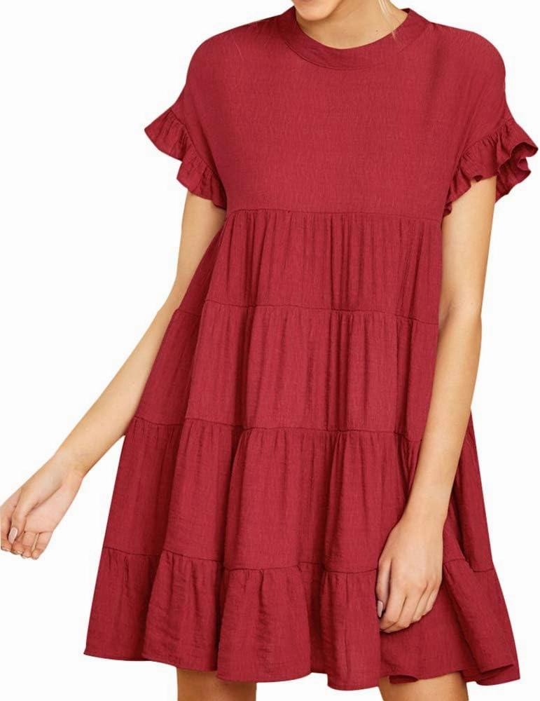Joteisy Women’s Summer Ruffle Sleeve Round Neck Loose Fit Casual Swing Short Mini Dress