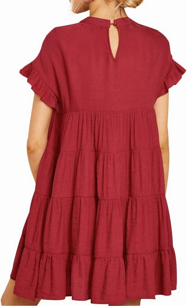 Joteisy Women’s Summer Ruffle Sleeve Round Neck Loose Fit Casual Swing Short Mini Dress