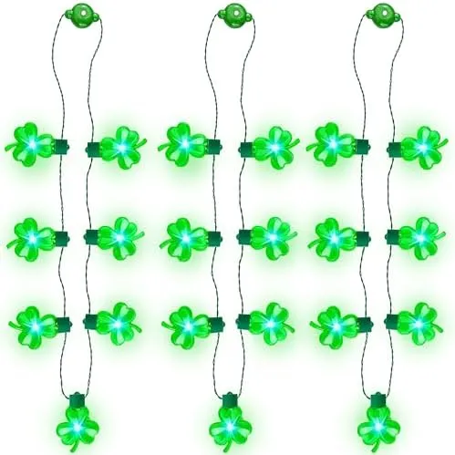 JOYIN 3 PCS St Patrick's Day Light Up Necklaces,Green Shamrock Bulb Necklace for Costume Dressing-up Accessories Saint Patricks Decorations Party Favor Supplies