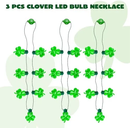 JOYIN 3 PCS St Patrick's Day Light Up Necklaces,Green Shamrock Bulb Necklace for Costume Dressing-up Accessories Saint Patricks Decorations Party Favor Supplies