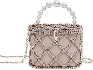 JSEIAJB French Rhinestone Bird Cage Bag Ling Lattice Inset Banquet Bag Bling Flash Drill Hand Shoulder Bag