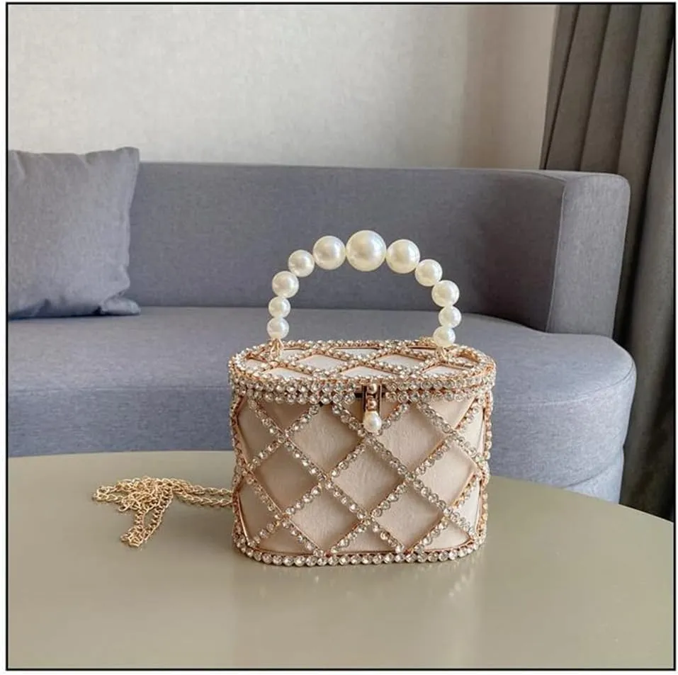 JSEIAJB French Rhinestone Bird Cage Bag Ling Lattice Inset Banquet Bag Bling Flash Drill Hand Shoulder Bag