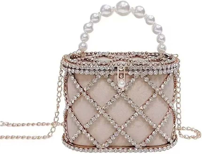 JSEIAJB French Rhinestone Bird Cage Bag Ling Lattice Inset Banquet Bag Bling Flash Drill Hand Shoulder Bag
