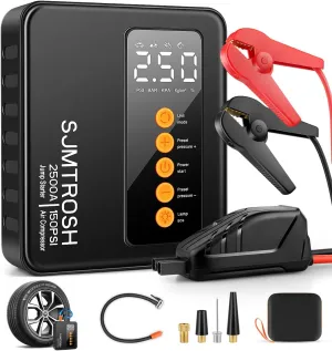 Jump Starter with Air Compressor, 2500A Battery Booster Up to 8L Gas and 7L Diesel Engines 12V Auto Battery Portable Jump Box Pack with 150PSI Digital Auto Tire Inflator USB QC3.0a LED