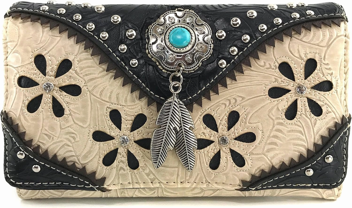 Justin West Cowgirl Leather Cut Concealed Carry Feather Concho Country Vintage Western Handbag Purse Wallet Set