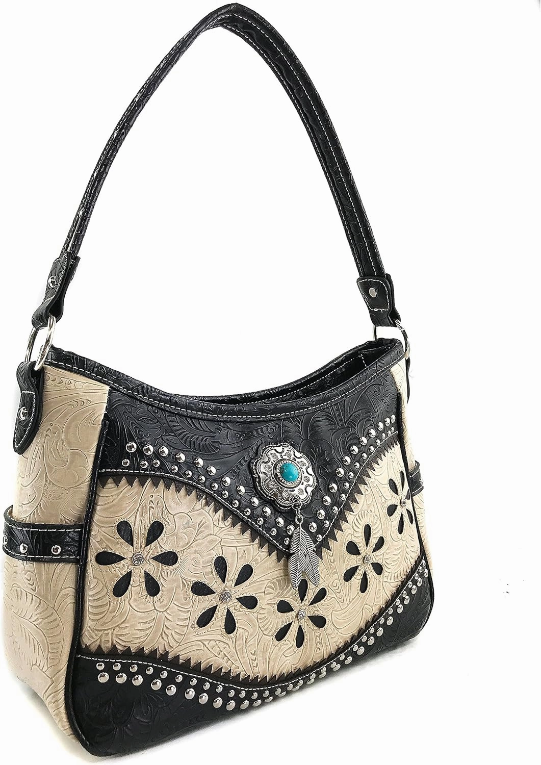 Justin West Cowgirl Leather Cut Concealed Carry Feather Concho Country Vintage Western Handbag Purse Wallet Set