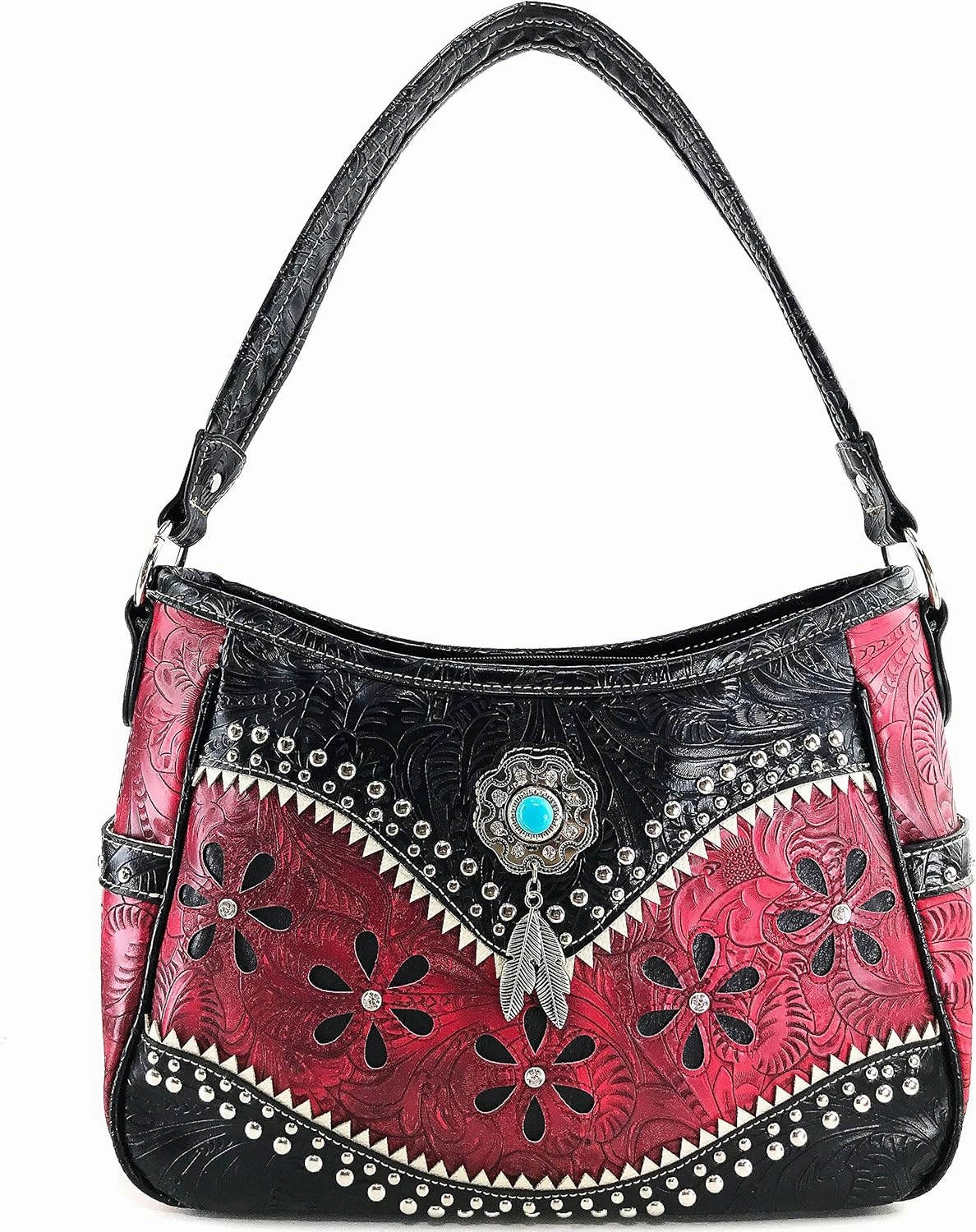 Justin West Cowgirl Leather Cut Concealed Carry Feather Concho Country Vintage Western Handbag Purse Wallet Set