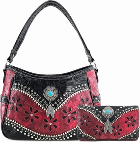 Justin West Cowgirl Leather Cut Concealed Carry Feather Concho Country Vintage Western Handbag Purse Wallet Set