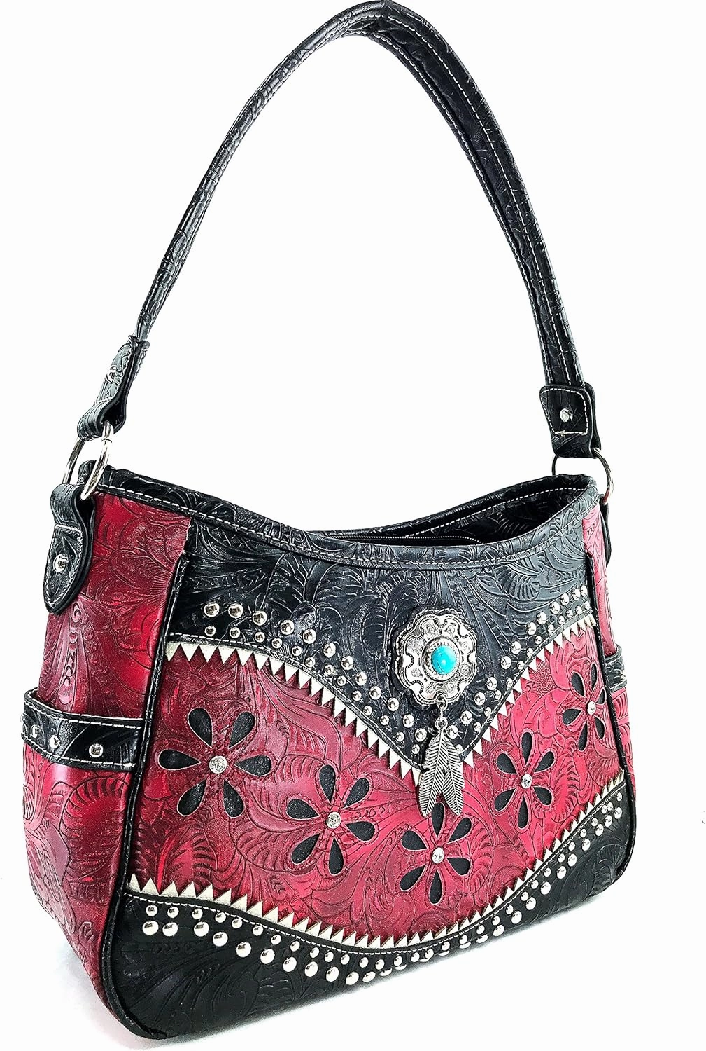 Justin West Cowgirl Leather Cut Concealed Carry Feather Concho Country Vintage Western Handbag Purse Wallet Set
