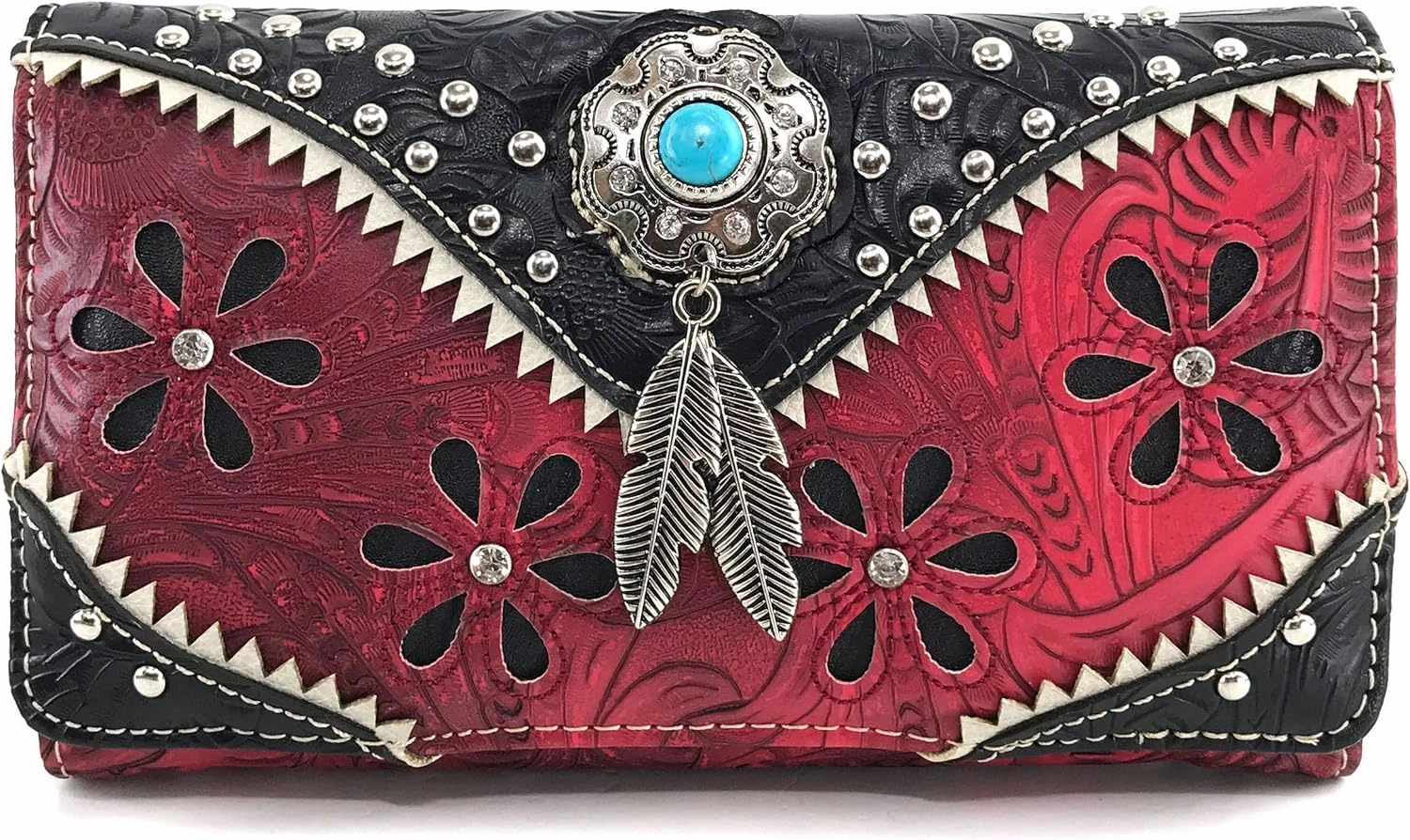 Justin West Cowgirl Leather Cut Concealed Carry Feather Concho Country Vintage Western Handbag Purse Wallet Set