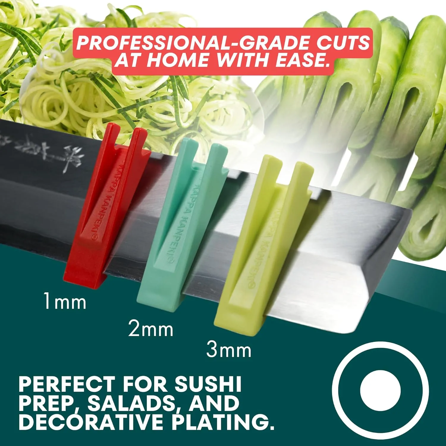 Kappa Kanpeki - Adjustable Vegetable Slicer for Kitchen, Cucumber Slicer, Sushi Cutter & Peeler Set, Trimming with 1mm, 2mm, 3mm Wedges (Kappa Kanpeki - Full Set (1mm, 2mm, and 3mm))