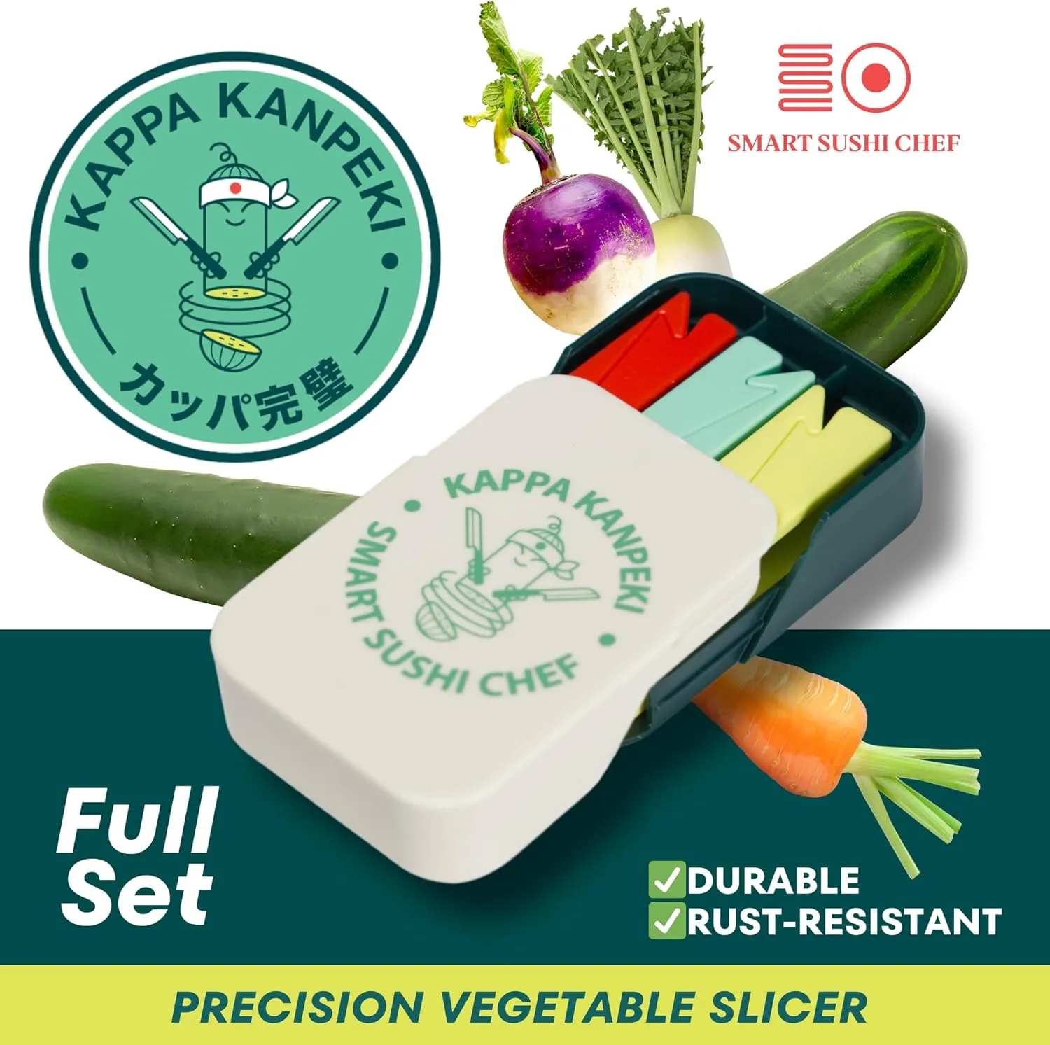 Kappa Kanpeki - Adjustable Vegetable Slicer for Kitchen, Cucumber Slicer, Sushi Cutter & Peeler Set, Trimming with 1mm, 2mm, 3mm Wedges (Kappa Kanpeki - Full Set (1mm, 2mm, and 3mm))