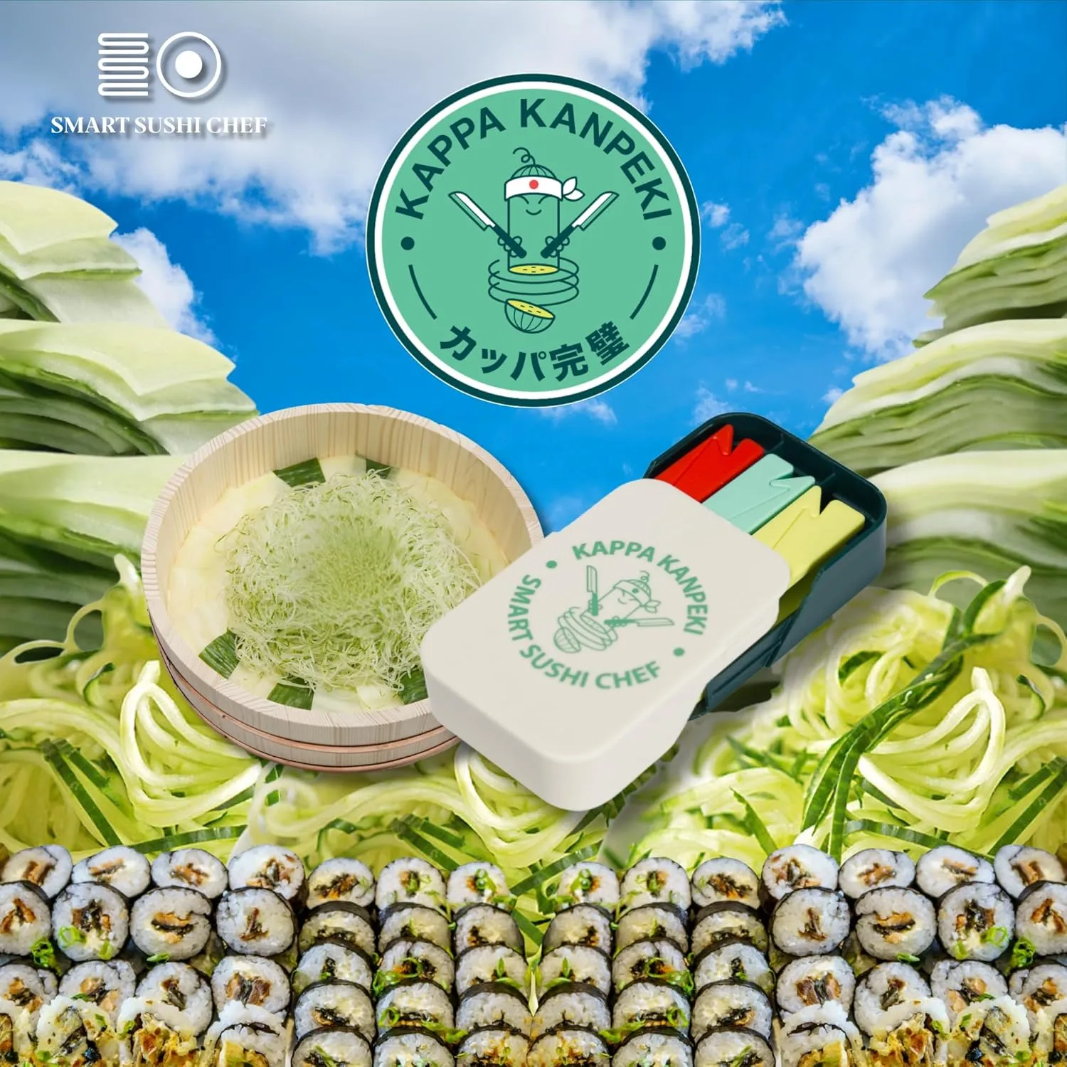 Kappa Kanpeki - Adjustable Vegetable Slicer for Kitchen, Cucumber Slicer, Sushi Cutter & Peeler Set, Trimming with 1mm, 2mm, 3mm Wedges (Kappa Kanpeki - Full Set (1mm, 2mm, and 3mm))