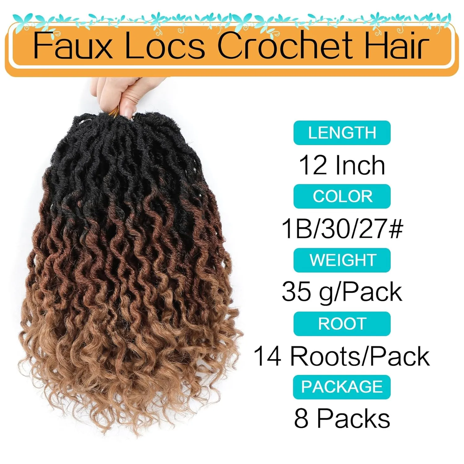 Karida Goddess Locs 12 Inch, Short Faux Locs 8 Packs, Crochet Hair With Curly Ends for Black Women Pre-Looped (12 Inch, Pack of 8, 1B/30/27#)