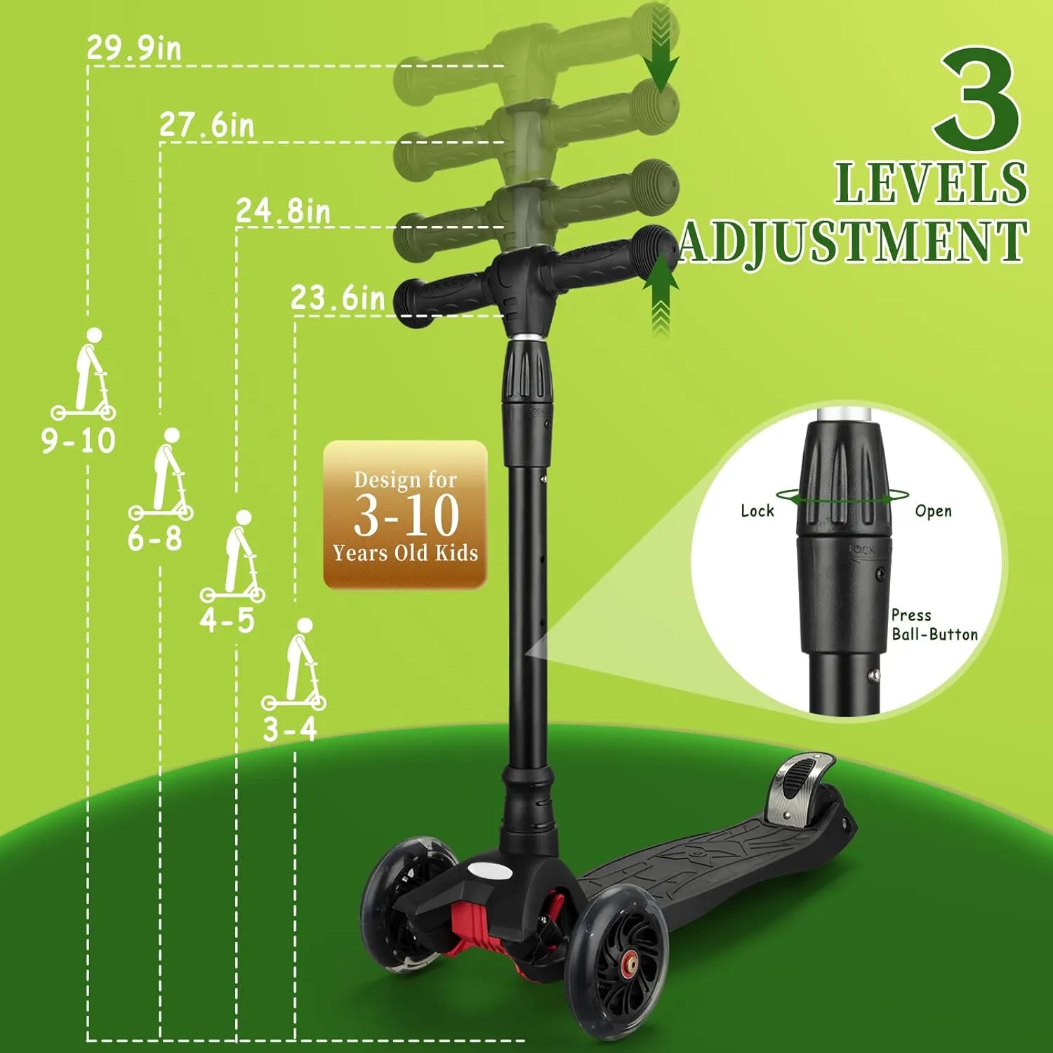 Kids Scooter, 3 Wheel Scooter for Toddler 3-10, Kick Scooter with 4 Adjustable Height Lean-to-Steer Handlebars, 3 Light Up Wheels, Mini Scooter for Children Boys Girls