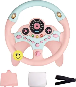 Kids Steering Wheel Toy for Car Backseat with Light and Music,Suction Cups Base-Interactive Simulated Driving Steering Wheel Toy for Toddlers Boys Girls,Pink