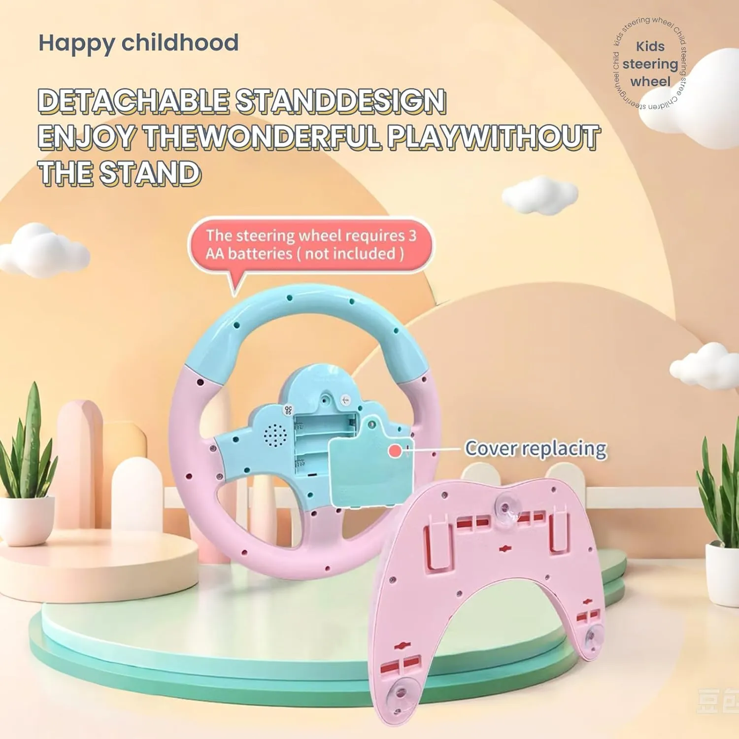 Kids Steering Wheel Toy for Car Backseat with Light and Music,Suction Cups Base-Interactive Simulated Driving Steering Wheel Toy for Toddlers Boys Girls,Pink