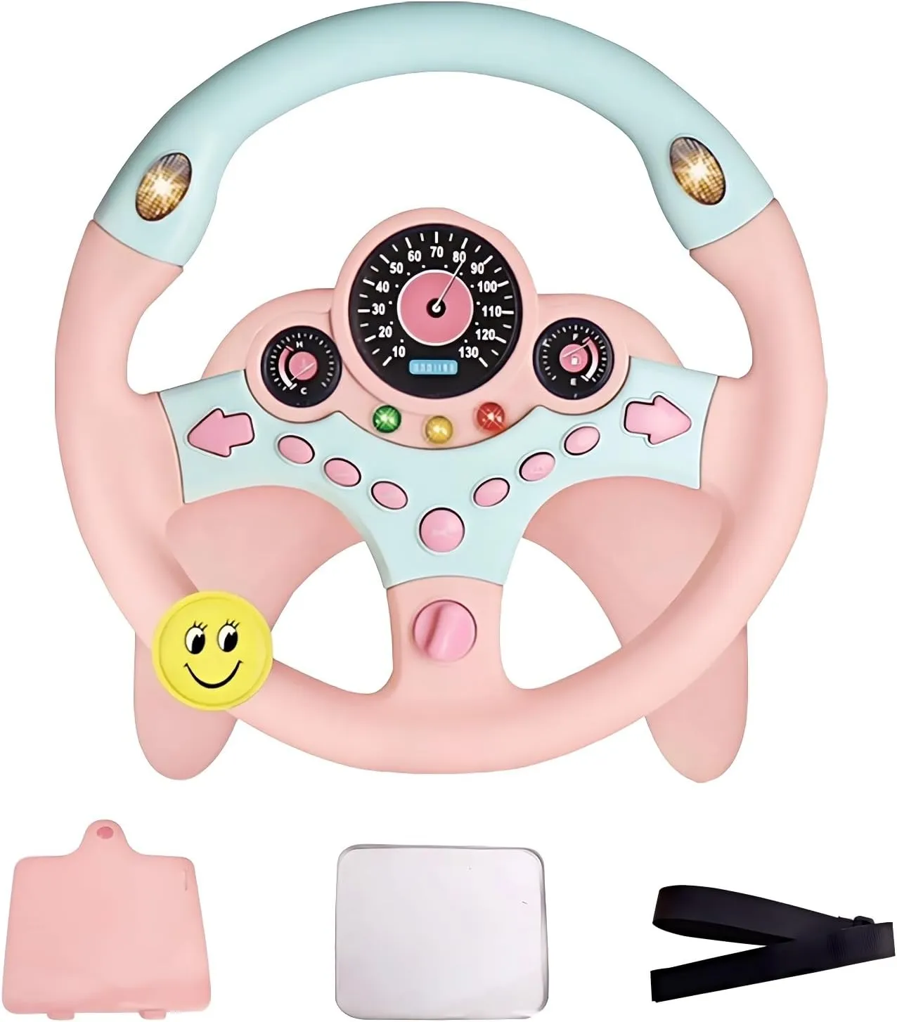 Kids Steering Wheel Toy for Car Backseat with Light and Music,Suction Cups Base-Interactive Simulated Driving Steering Wheel Toy for Toddlers Boys Girls,Pink