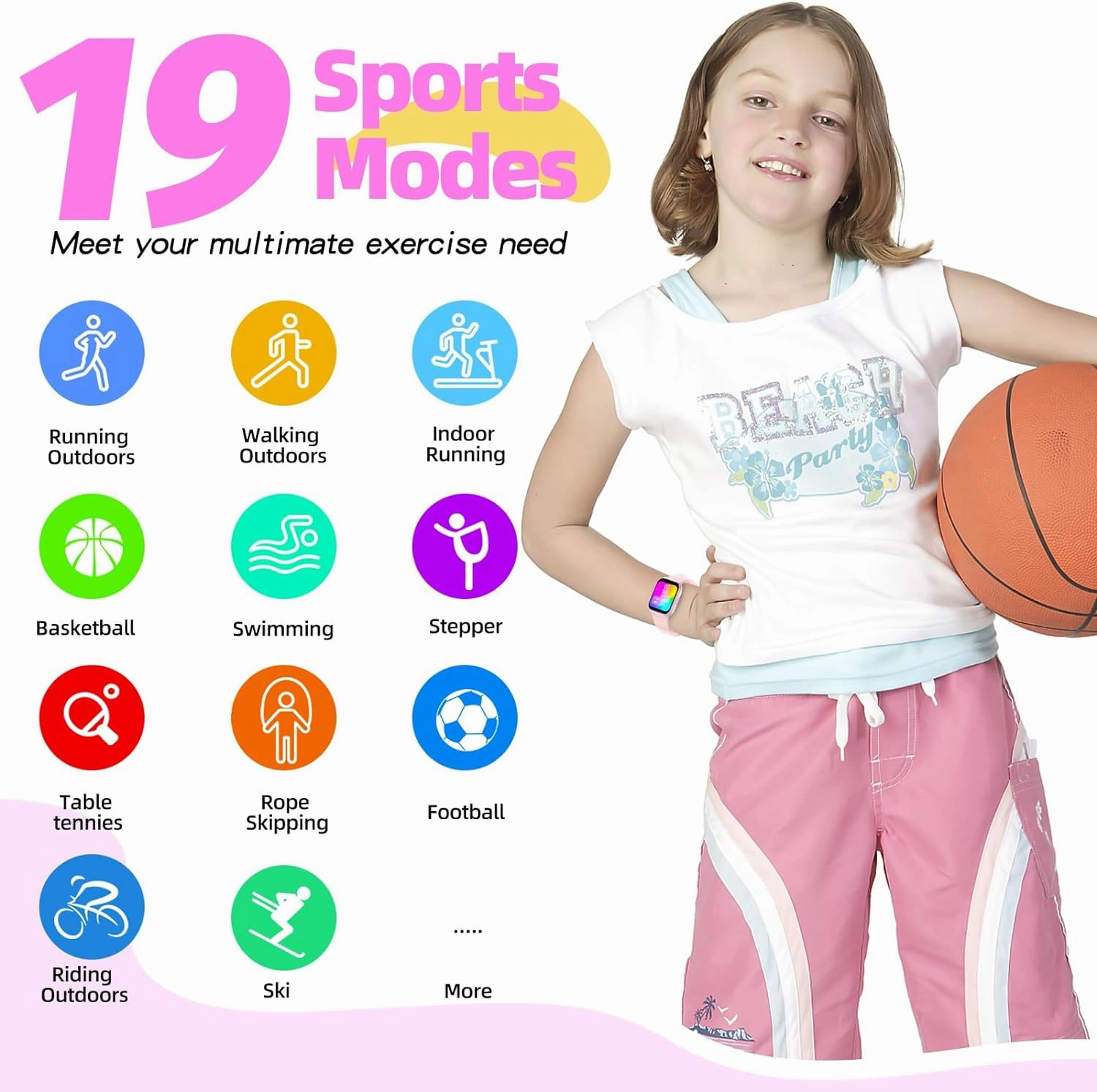 Kids Smart Watch Girls Boys, Fitness Tracker for Kids,1.5 inch and DIY Dials,19 Sport Modes, Sleep Monitor, Pedometers, Heart Rate, IP68 Waterproof, Great Gift for Boys Girls Teens 6-14 (Pink)