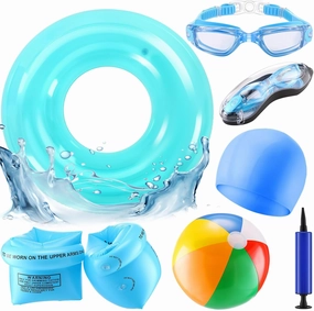 Kids Swim Tubes Rings Swim Goggles Swimming Goggles with Anti-Fog and Anti-UV Inflatable Arm Floaties Silicone Swim Tube Raft Swimming Cap Beach Ball Air Pump Pool Toys Floats