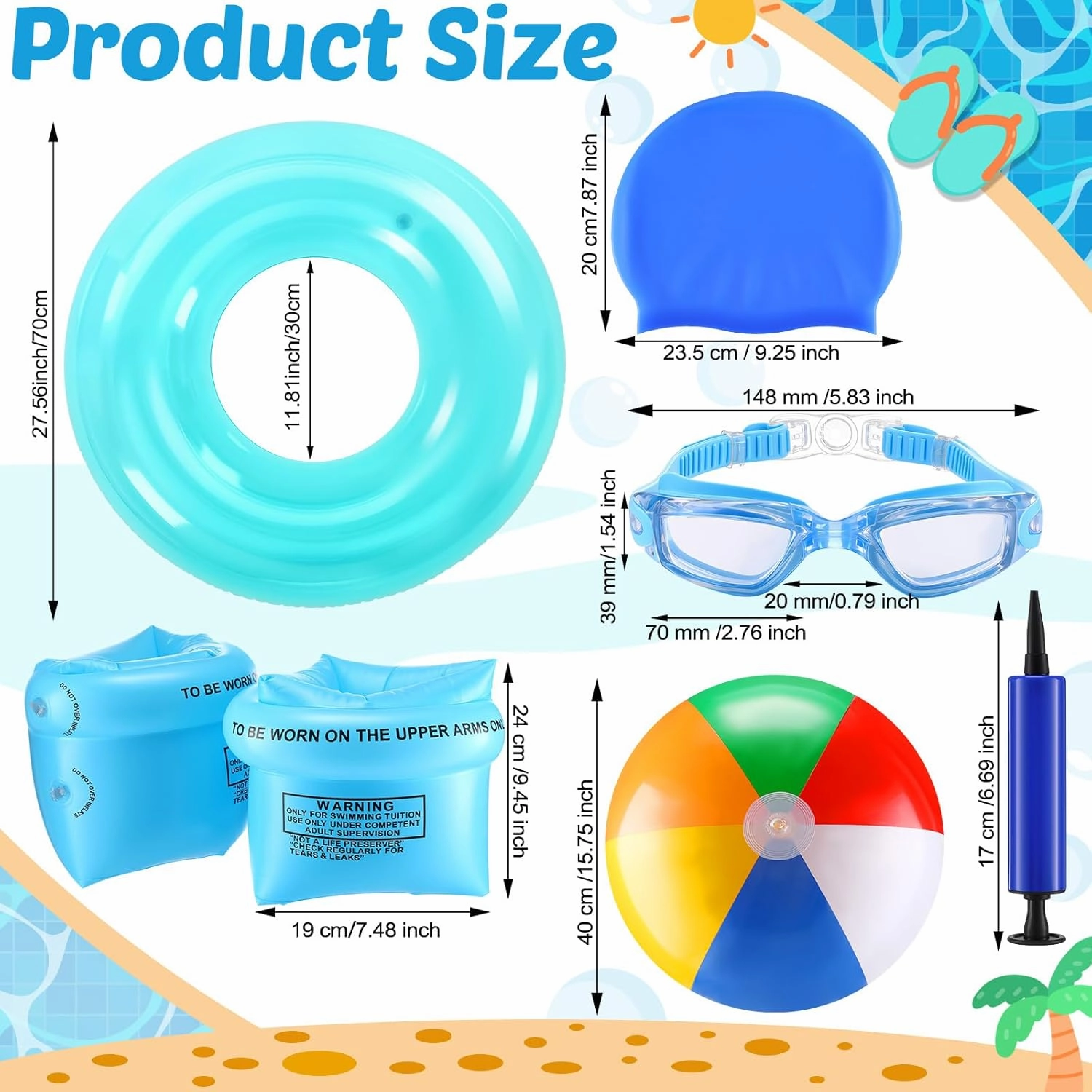 Kids Swim Tubes Rings Swim Goggles Swimming Goggles with Anti-Fog and Anti-UV Inflatable Arm Floaties Silicone Swim Tube Raft Swimming Cap Beach Ball Air Pump Pool Toys Floats