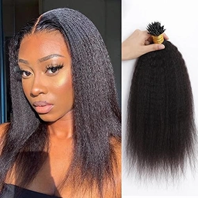 Kinky Straight Nano Ring Human Hair Extension Pre Bonded Brazilian Remy Hair Microlink Coarse Yaki Nano Ring I Tip Hair Extensions 100g 100strands (16inch 100strands, 1(Jet Black))