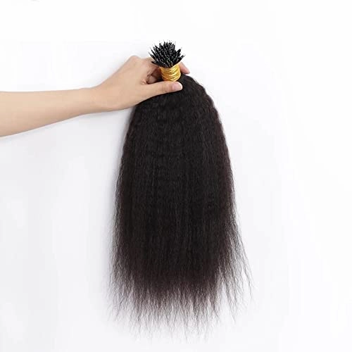 Kinky Straight Nano Ring Human Hair Extension Pre Bonded Brazilian Remy Hair Microlink Coarse Yaki Nano Ring I Tip Hair Extensions 100g 100strands (16inch 100strands, 1(Jet Black))