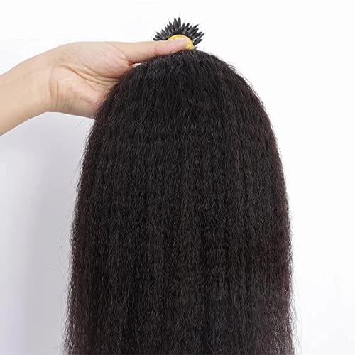 Kinky Straight Nano Ring Human Hair Extension Pre Bonded Brazilian Remy Hair Microlink Coarse Yaki Nano Ring I Tip Hair Extensions 100g 100strands (16inch 100strands, 1(Jet Black))