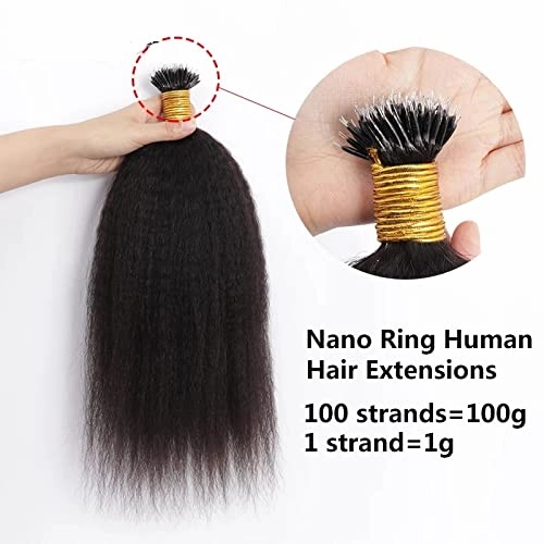 Kinky Straight Nano Ring Human Hair Extension Pre Bonded Brazilian Remy Hair Microlink Coarse Yaki Nano Ring I Tip Hair Extensions 100g 100strands (16inch 100strands, 2(Darkest Brown))