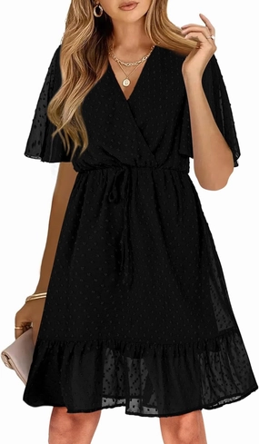 KIRUNDO Women's Summer Dresses 2025 Casual Short Sleeve V Neck Ruffle Floral Print High Waist Flowy Mini Dress with Belt