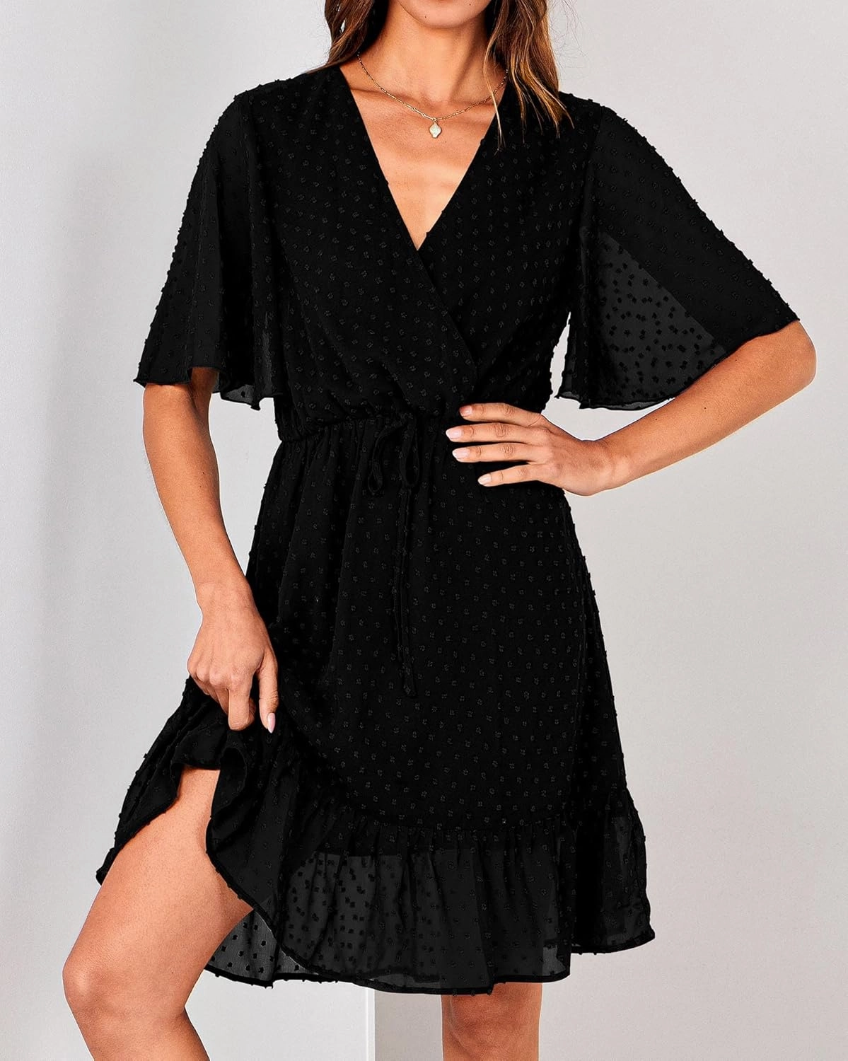 KIRUNDO Women's Summer Dresses 2025 Casual Short Sleeve V Neck Ruffle Floral Print High Waist Flowy Mini Dress with Belt