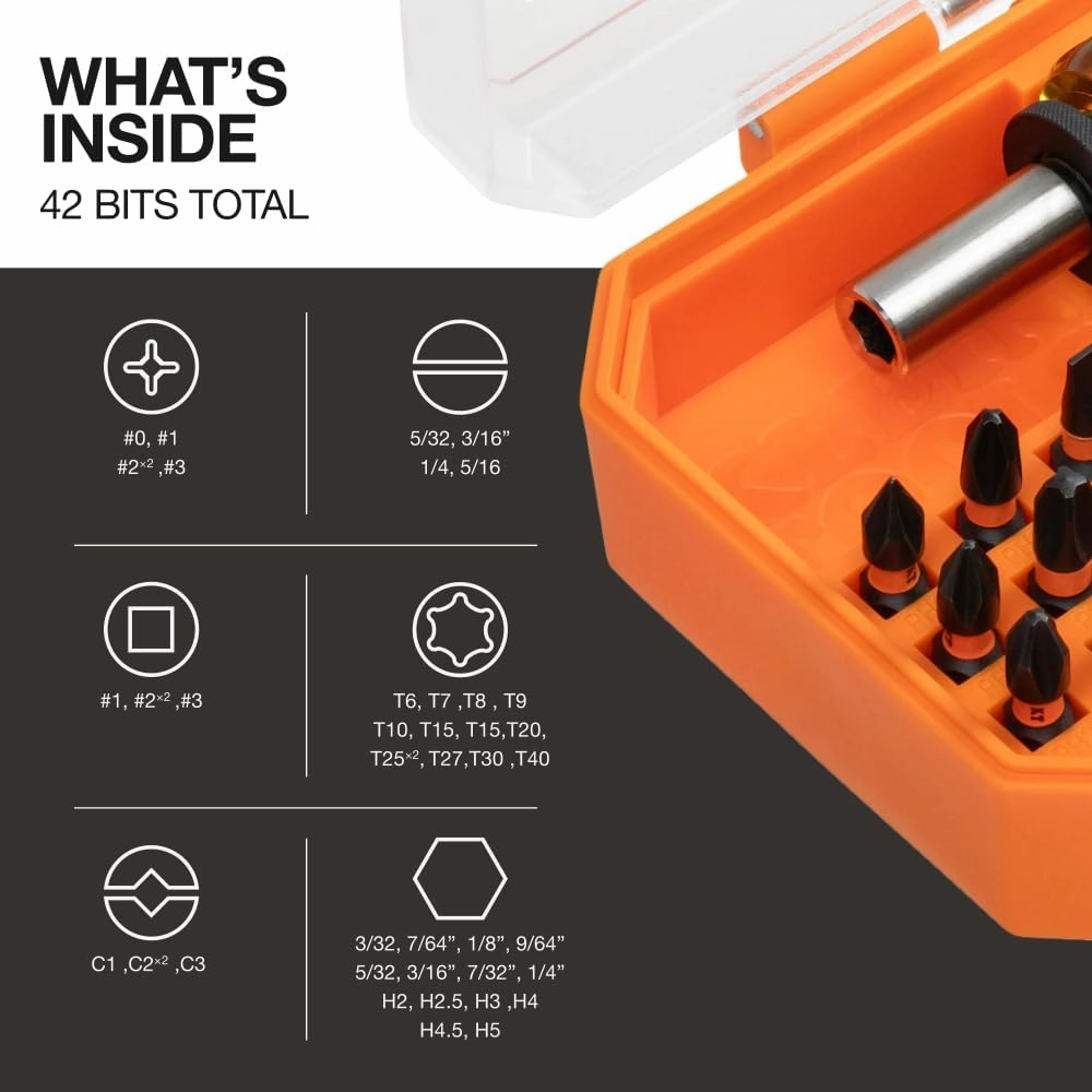 Klein Tools 33803 ProFlex 44-Piece Impact Driver Bit Set with Modular Case, S2 Steel, Magnetic, Adjustable Screwdriver, 42 Bits